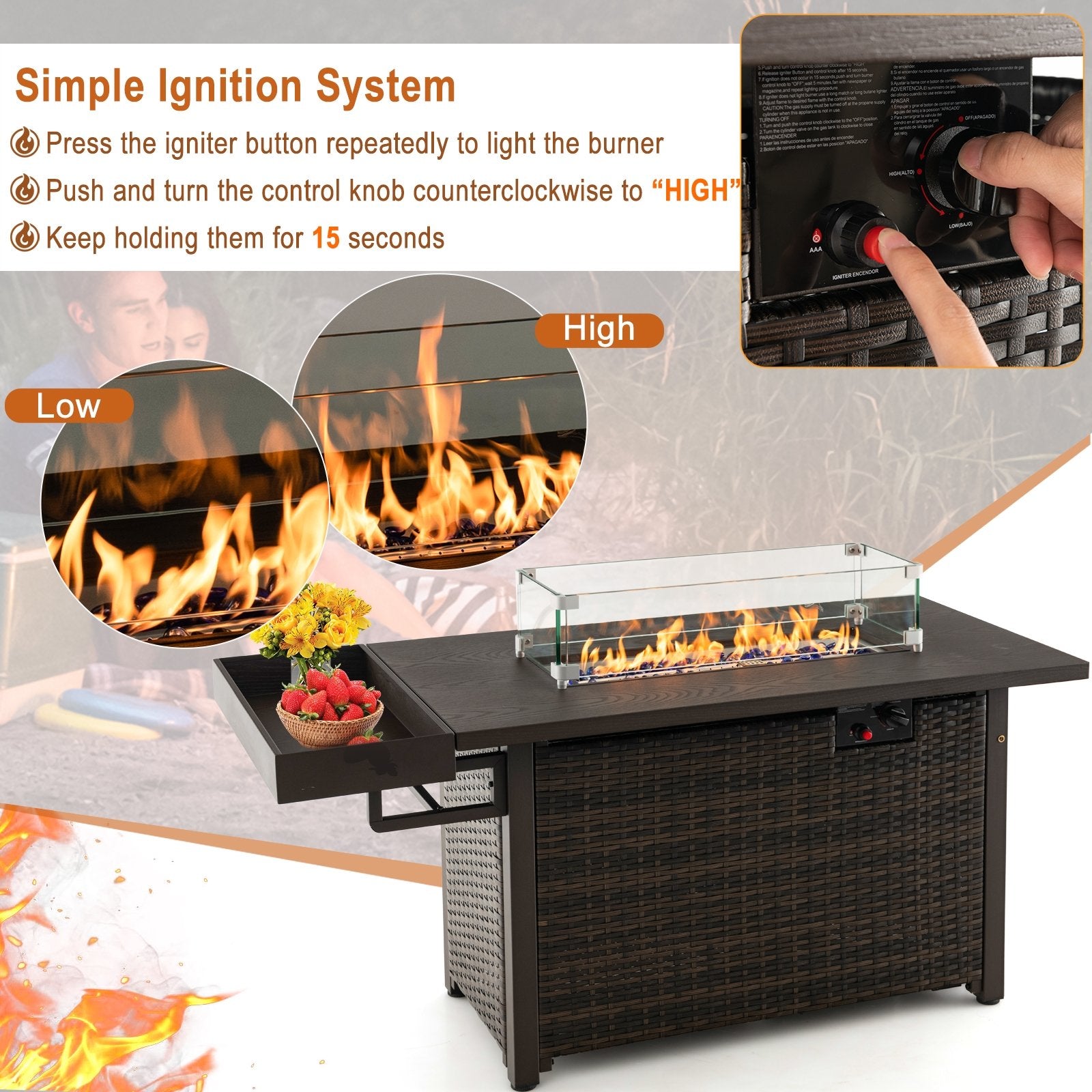 52 Inches Outdoor Wicker Gas Fire Pit Propane Fire Table with Cover, Brown Fire Pit Tables   at Gallery Canada