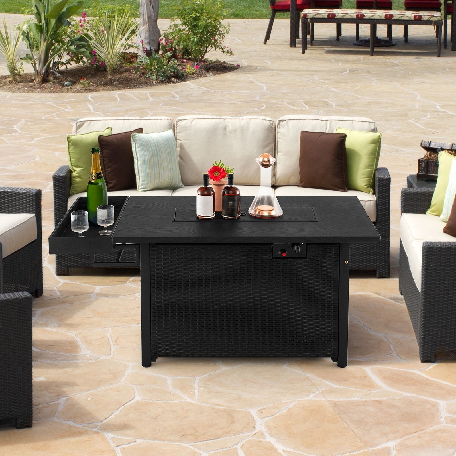 52 Inches Outdoor Wicker Gas Fire Pit Propane Fire Table with Cover, Black Fire Pit Tables   at Gallery Canada