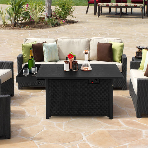 52 Inches Outdoor Wicker Gas Fire Pit Propane Fire Table with Cover, Black