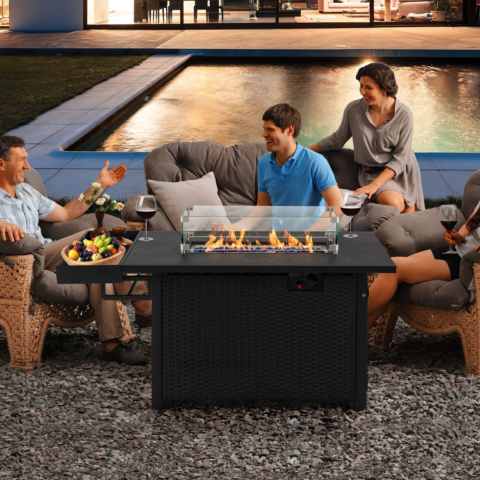 52 Inches Outdoor Wicker Gas Fire Pit Propane Fire Table with Cover, Black Fire Pit Tables   at Gallery Canada