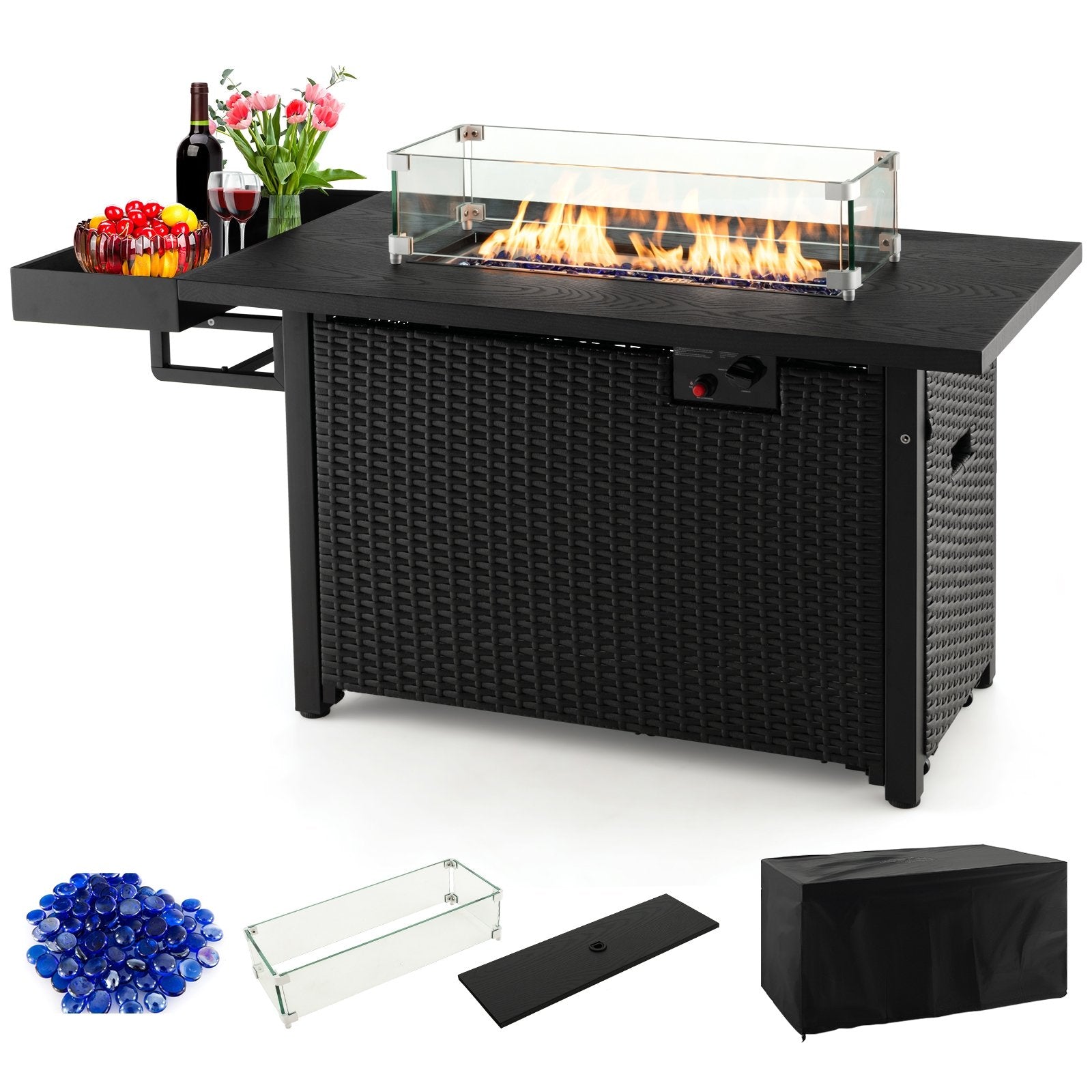 52 Inches Outdoor Wicker Gas Fire Pit Propane Fire Table with Cover, Black Fire Pit Tables   at Gallery Canada