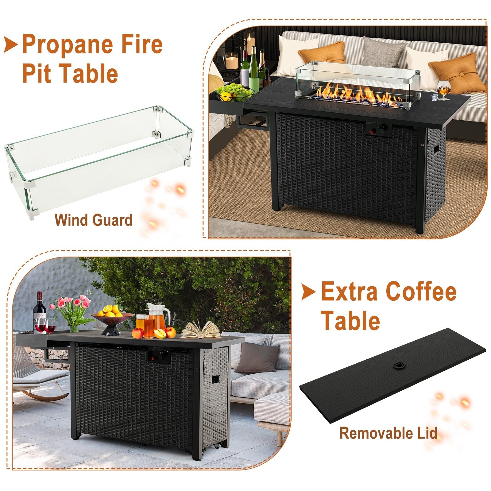 52 Inches Outdoor Wicker Gas Fire Pit Propane Fire Table with Cover, Black Fire Pit Tables   at Gallery Canada