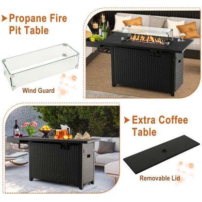 52 Inches Outdoor Wicker Gas Fire Pit Propane Fire Table with Cover, Black Fire Pit Tables   at Gallery Canada