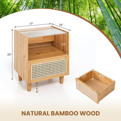 Bamboo Rattan Nightstand with Drawer and Solid Wood Legs, Natural - Gallery Canada