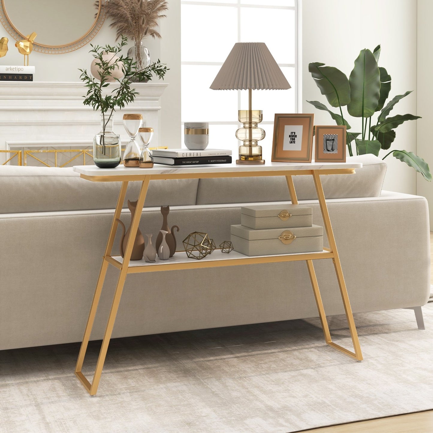 Console Table with Open Shelf Gold Metal Frame Living Room Hallway, White Console Tables   at Gallery Canada