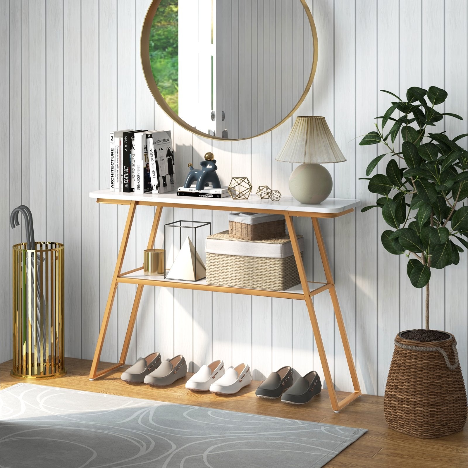 Console Table with Open Shelf Gold Metal Frame Living Room Hallway, White Console Tables   at Gallery Canada