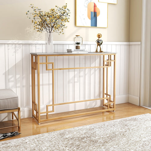 Modern Console Table with Geometric Frame and Faux Marble Tabletop, White