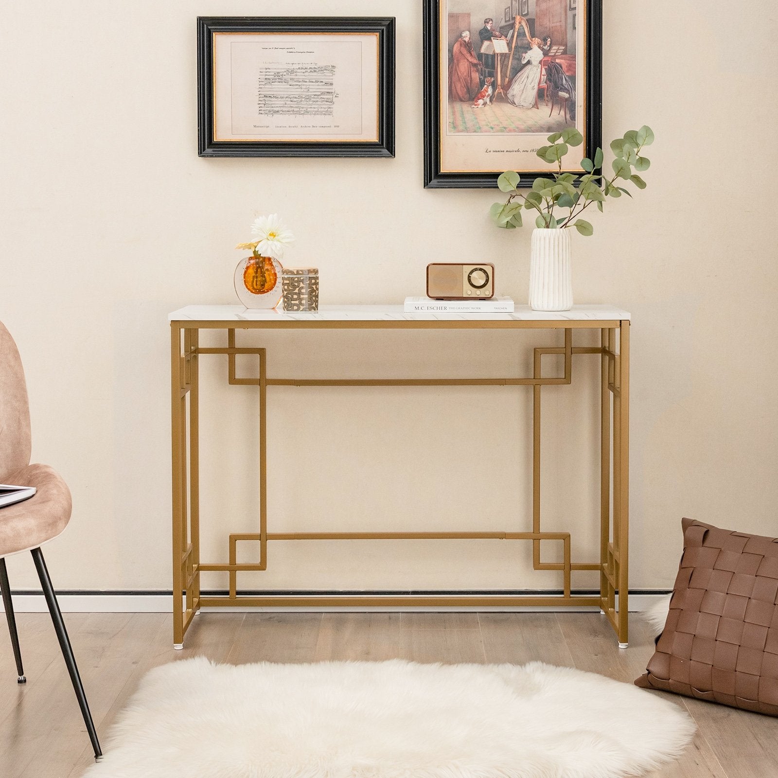 Modern Console Table with Geometric Frame and Faux Marble Tabletop, White Console Tables   at Gallery Canada