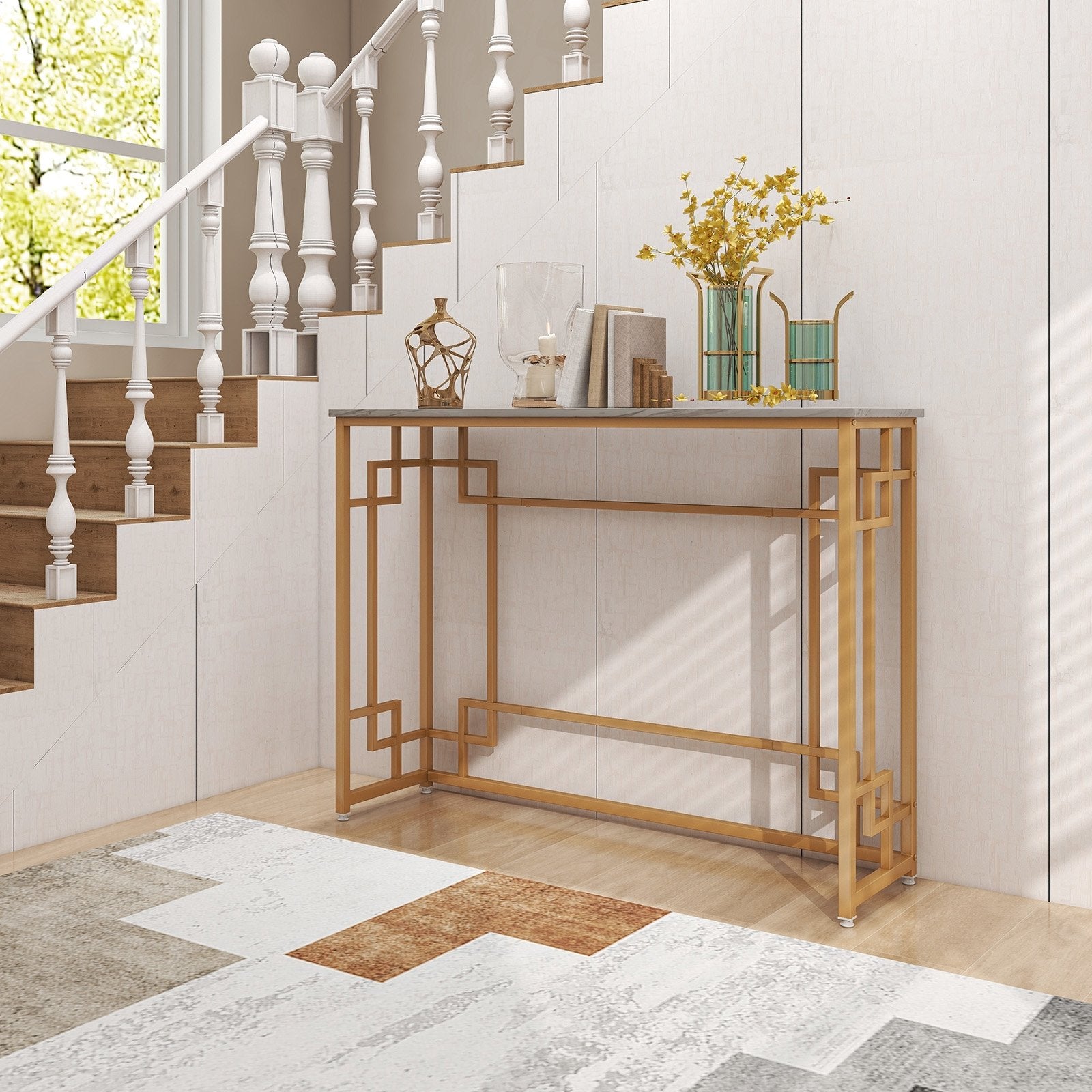 Modern Console Table with Geometric Frame and Faux Marble Tabletop, White Console Tables   at Gallery Canada