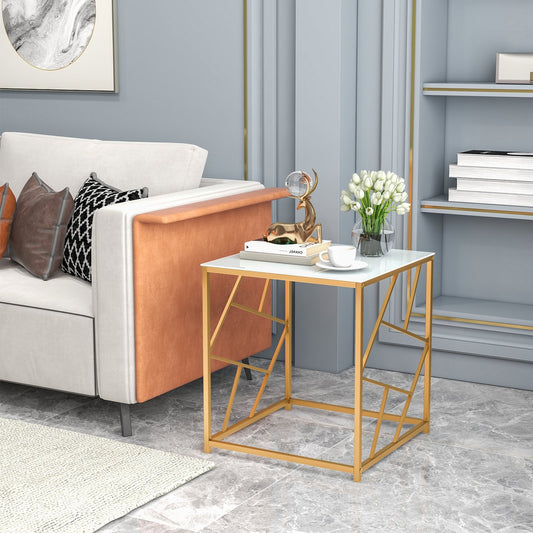 Square End Table with Tempered Glass Tabletop and Gold Finish Geometric Frame, Golden End & Side Tables   at Gallery Canada