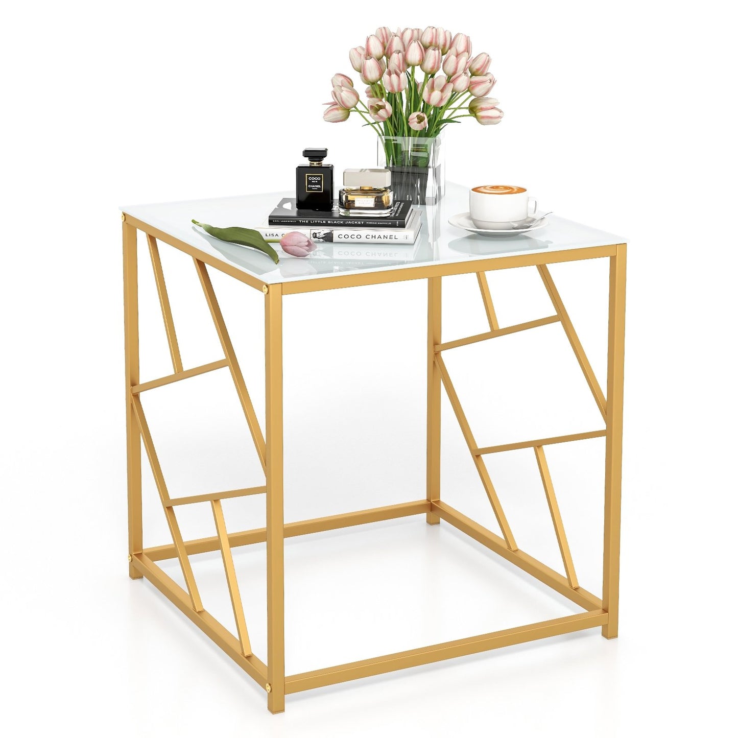 Square End Table with Tempered Glass Tabletop and Gold Finish Geometric Frame, Golden End & Side Tables   at Gallery Canada