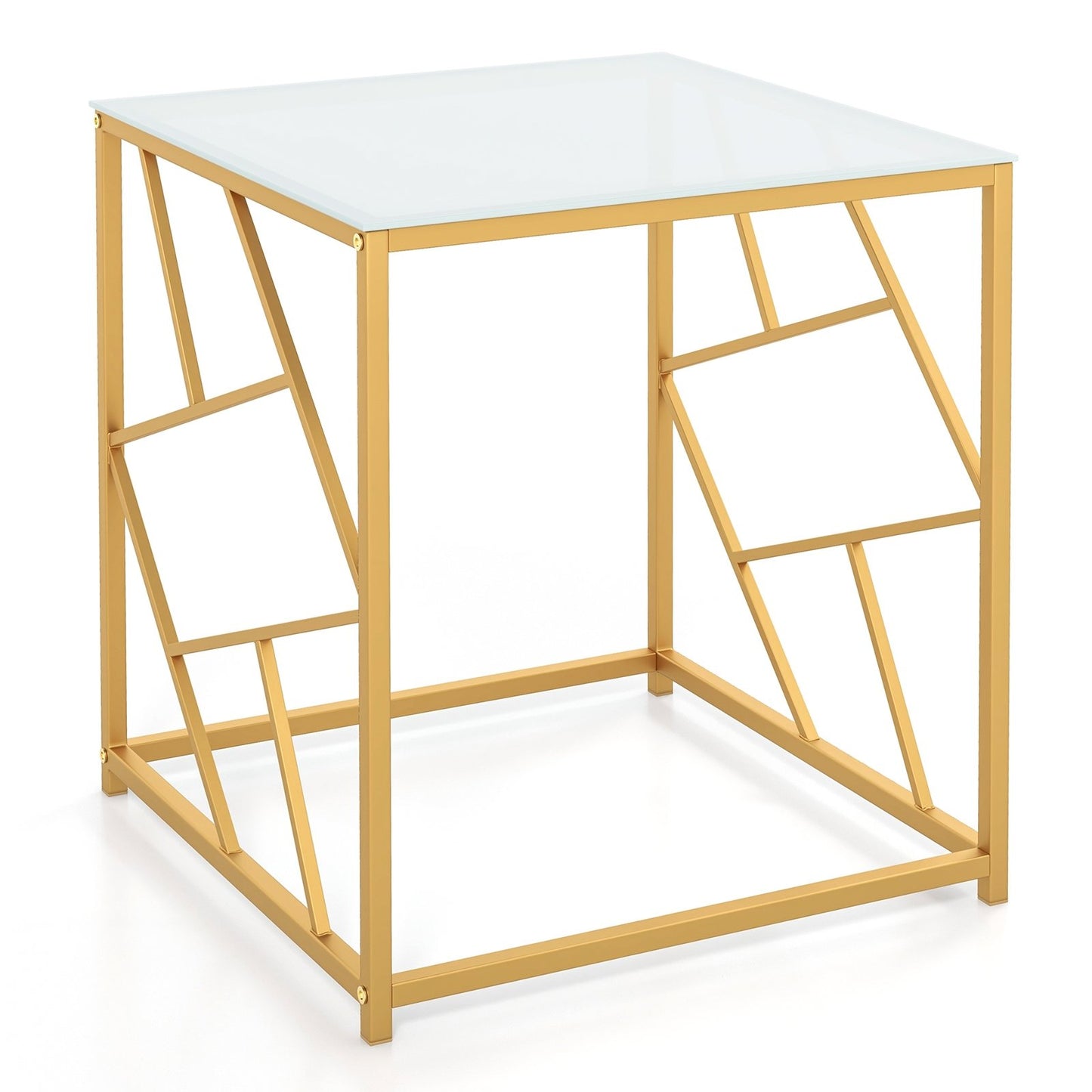 Square End Table with Tempered Glass Tabletop and Gold Finish Geometric Frame, Golden End & Side Tables   at Gallery Canada