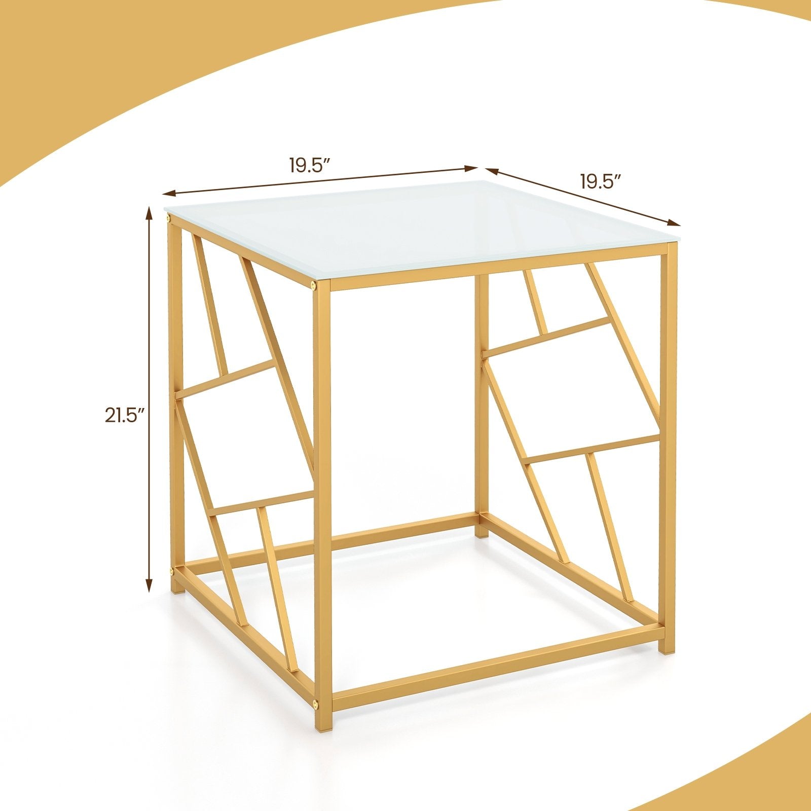 Square End Table with Tempered Glass Tabletop and Gold Finish Geometric Frame, Golden End & Side Tables   at Gallery Canada