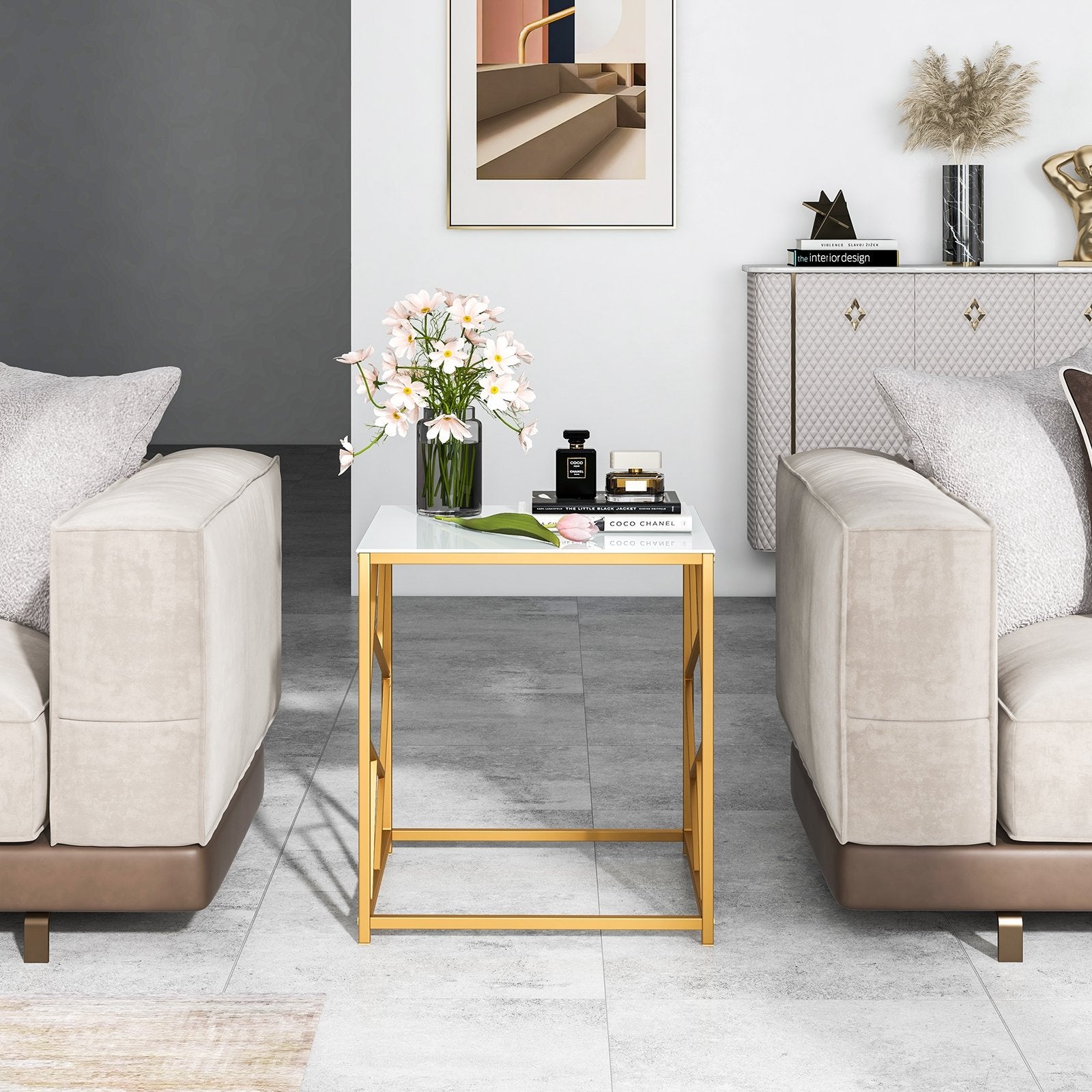 Square End Table with Tempered Glass Tabletop and Gold Finish Geometric Frame, Golden End & Side Tables   at Gallery Canada