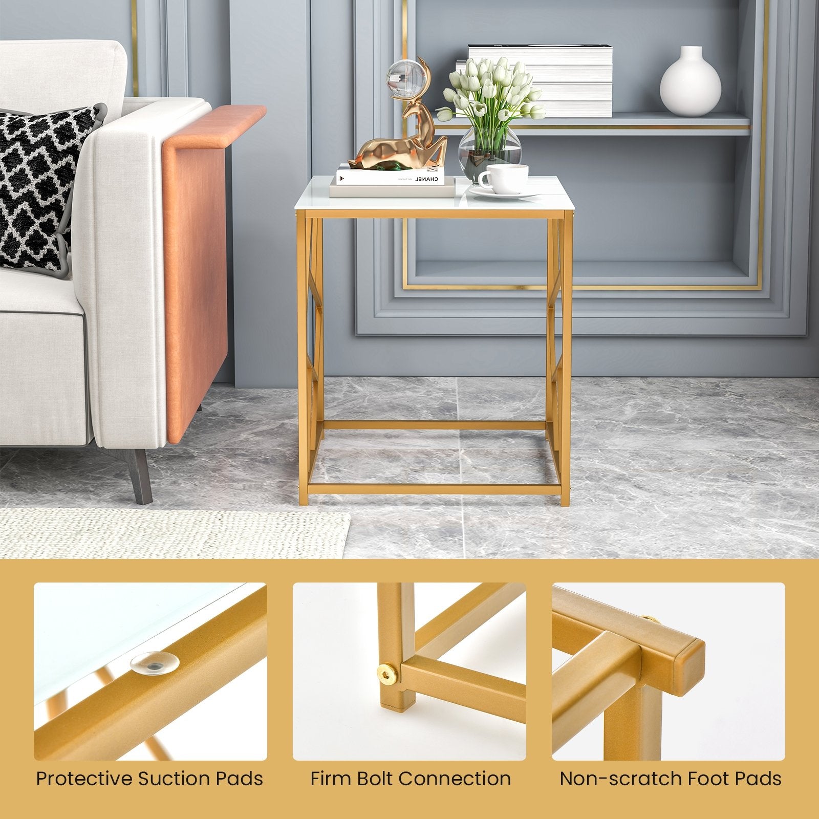 Square End Table with Tempered Glass Tabletop and Gold Finish Geometric Frame, Golden End & Side Tables   at Gallery Canada