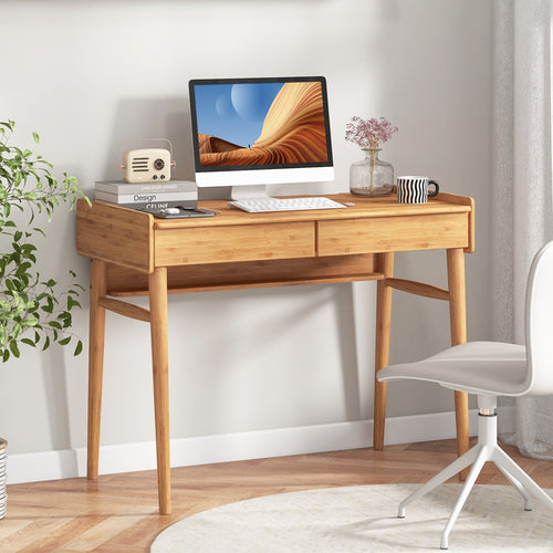 Bamboo Writing Desk with 2 Storage Drawers and Open Shelf, Natural