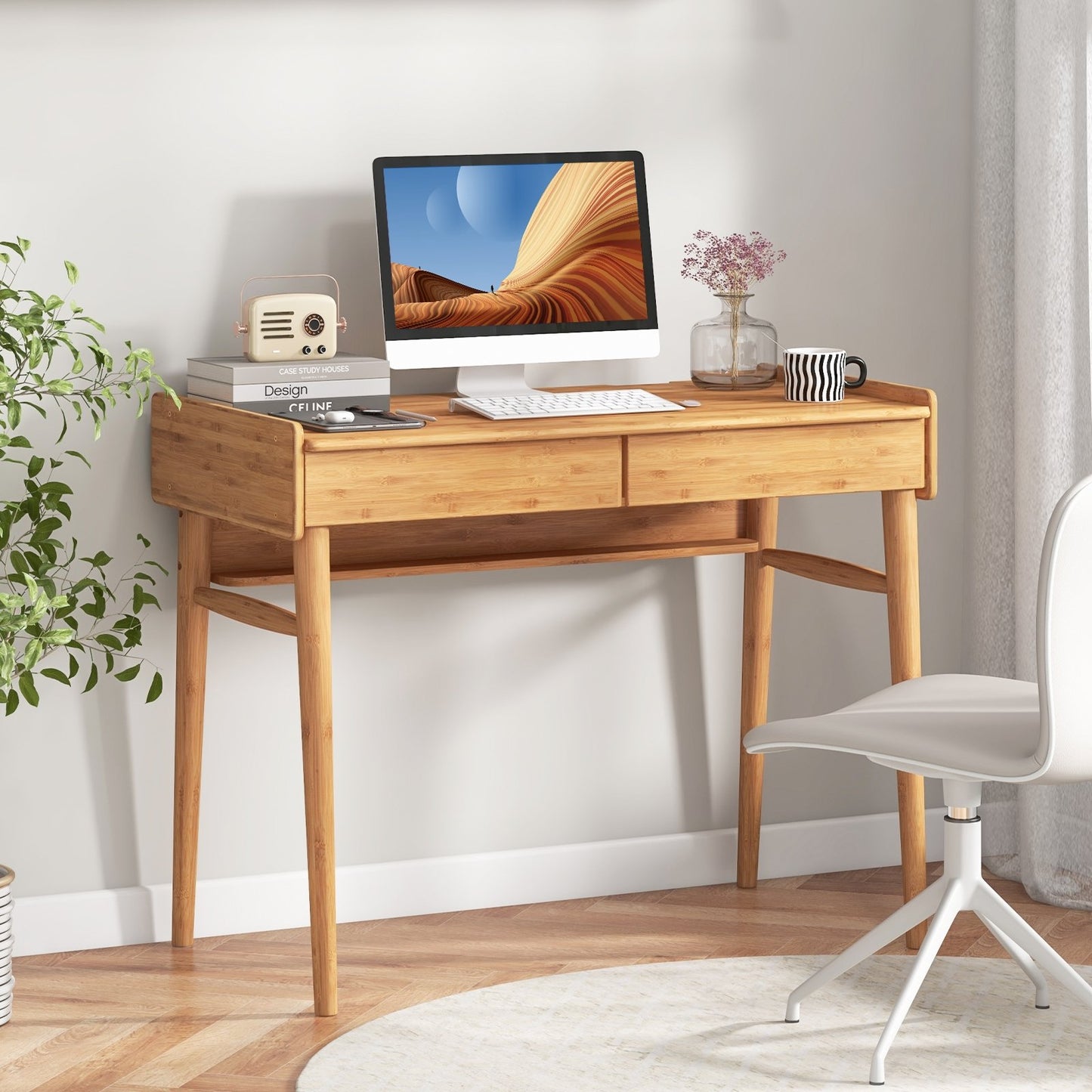 Bamboo Writing Desk with 2 Storage Drawers and Open Shelf, Natural Writing Desks   at Gallery Canada