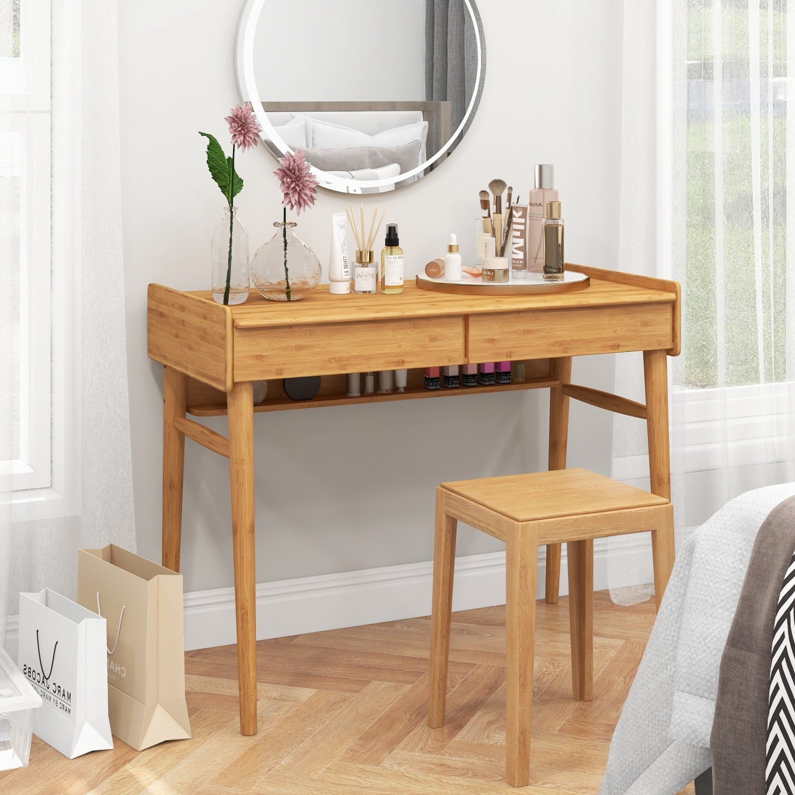 Bamboo Writing Desk with 2 Storage Drawers and Open Shelf, Natural Writing Desks at Gallery Canada