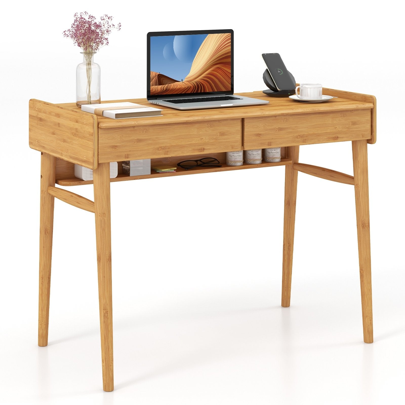 Bamboo Writing Desk with 2 Storage Drawers and Open Shelf, Natural Writing Desks   at Gallery Canada