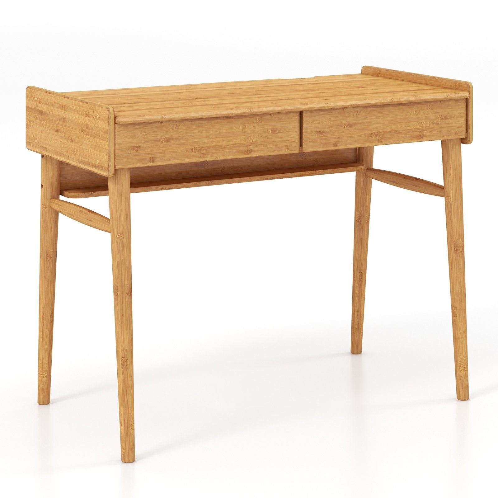 Bamboo Writing Desk with 2 Storage Drawers and Open Shelf, Natural Writing Desks   at Gallery Canada