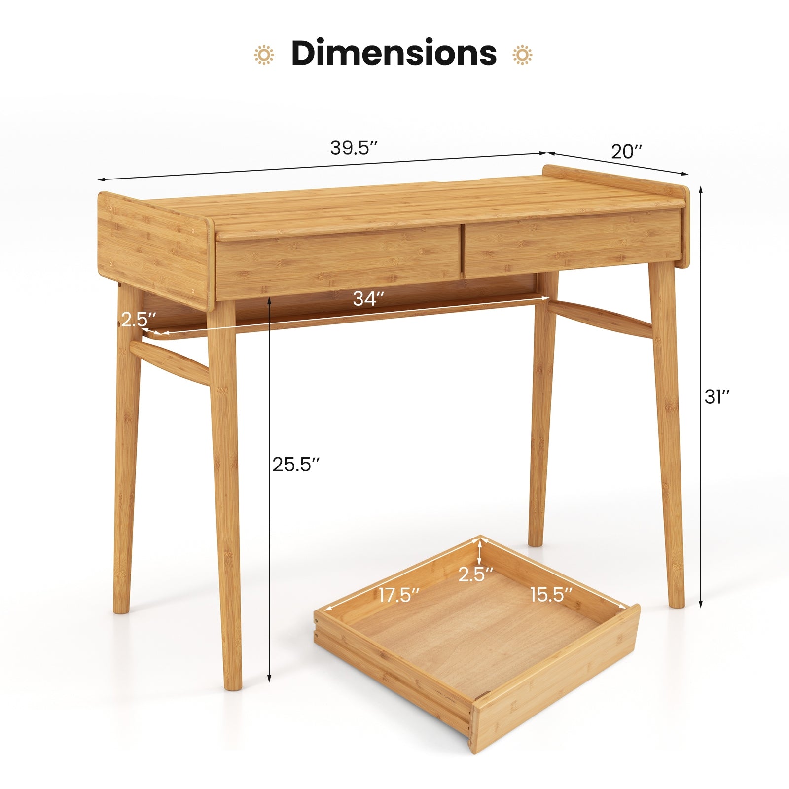 Bamboo Writing Desk with 2 Storage Drawers and Open Shelf, Natural Writing Desks at Gallery Canada