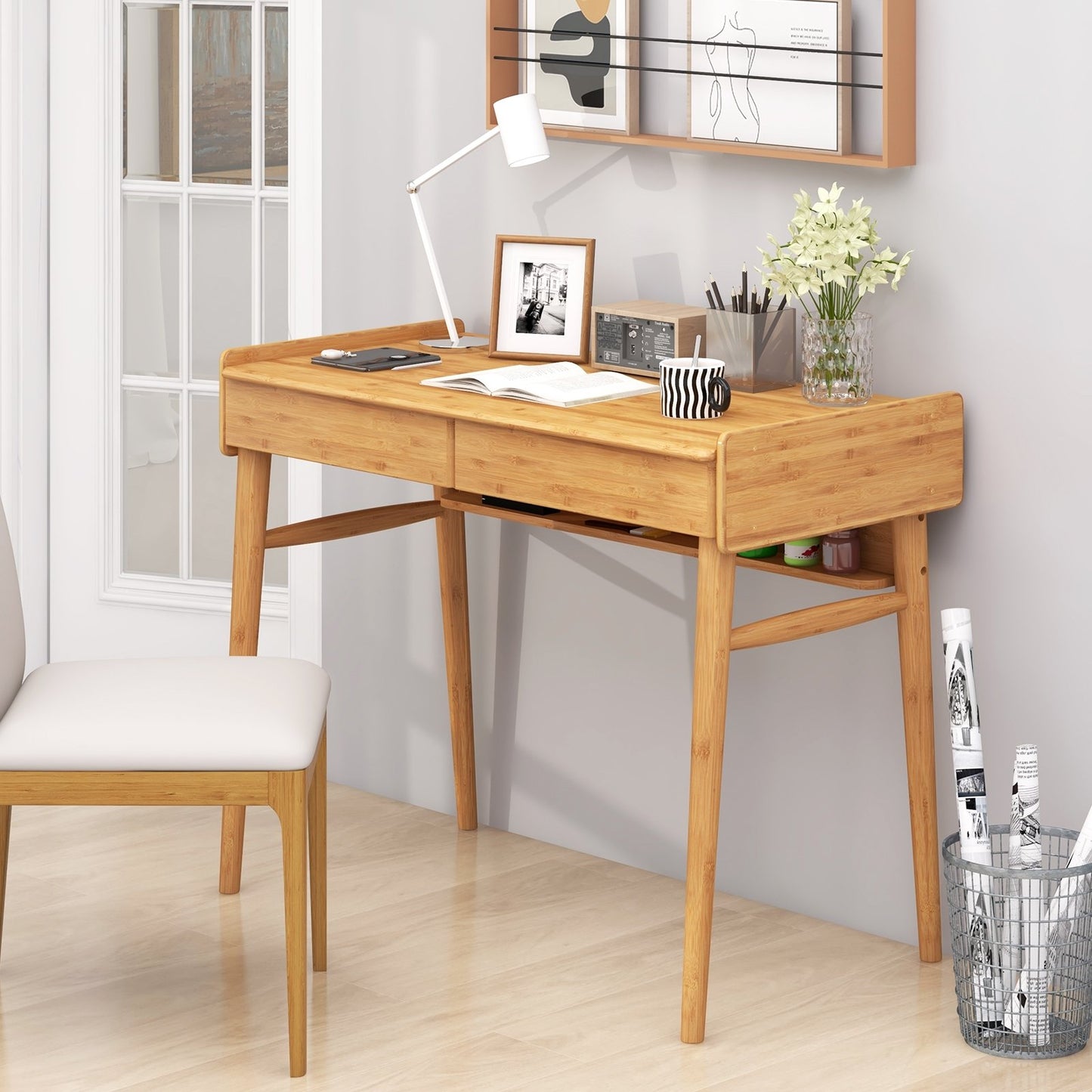 Bamboo Writing Desk with 2 Storage Drawers and Open Shelf, Natural Writing Desks   at Gallery Canada