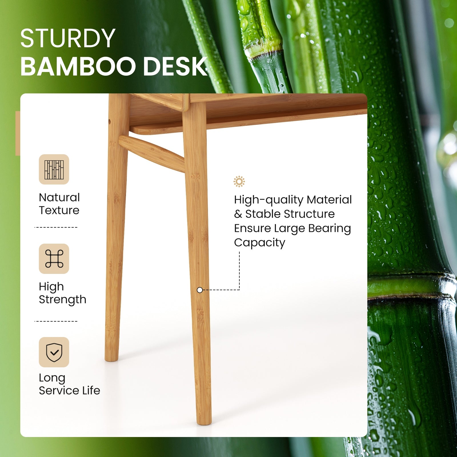 Bamboo Writing Desk with 2 Storage Drawers and Open Shelf, Natural Writing Desks at Gallery Canada