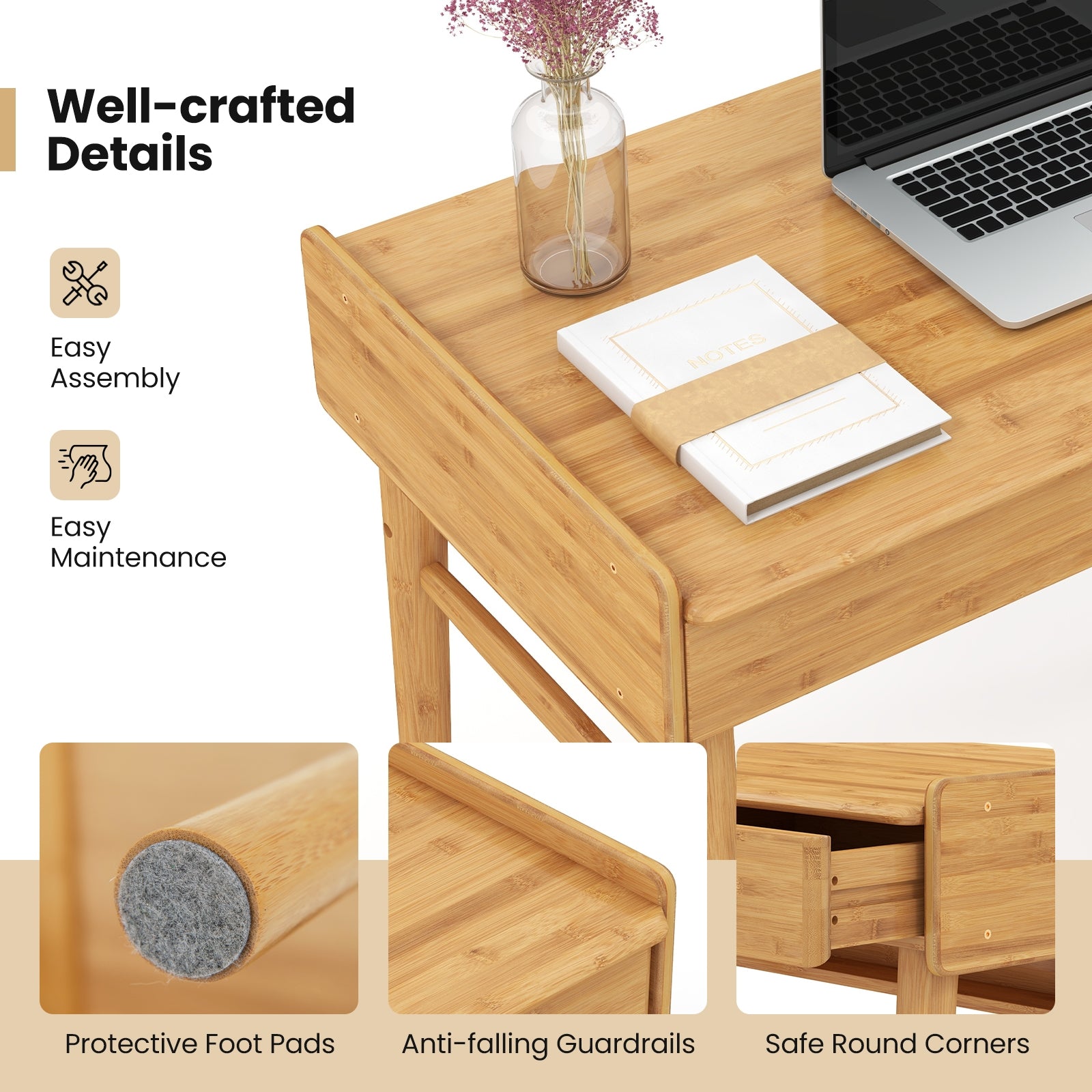 Bamboo Writing Desk with 2 Storage Drawers and Open Shelf, Natural Writing Desks at Gallery Canada