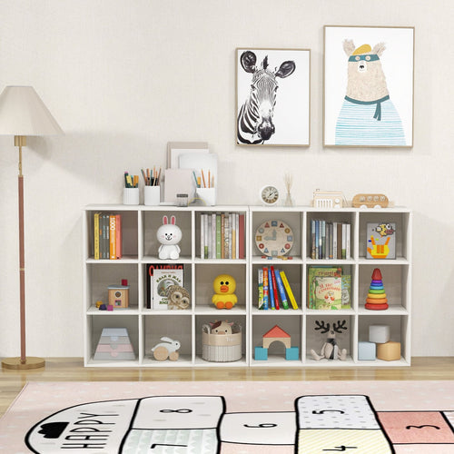 Wooden Kids Bookcase with Storage Cubbies and Anti-toppling Devices, White