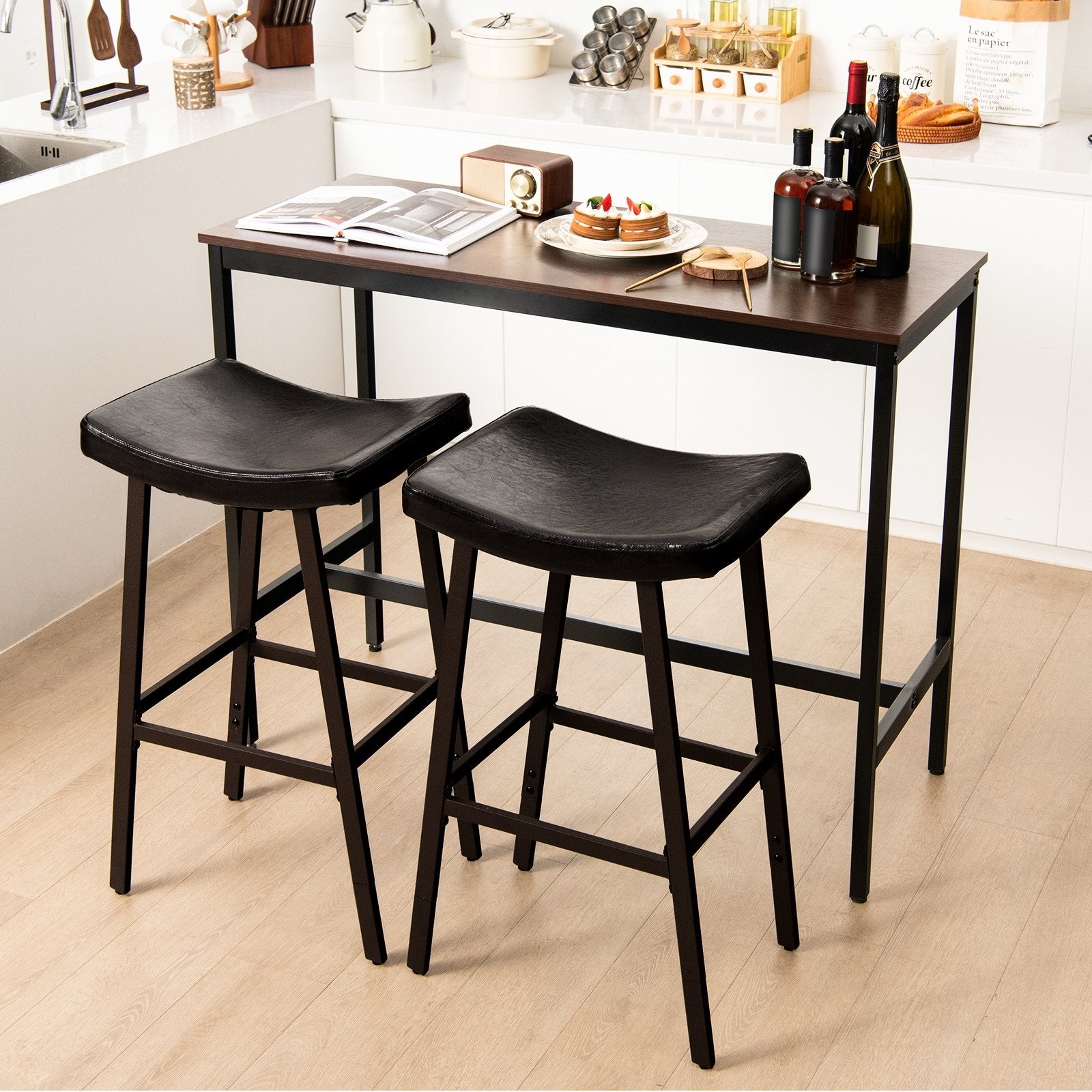 Bar Stools Set of 2 with PU Leather Upholstered Saddle Seat and Footrest, Brown Bar Stools   at Gallery Canada