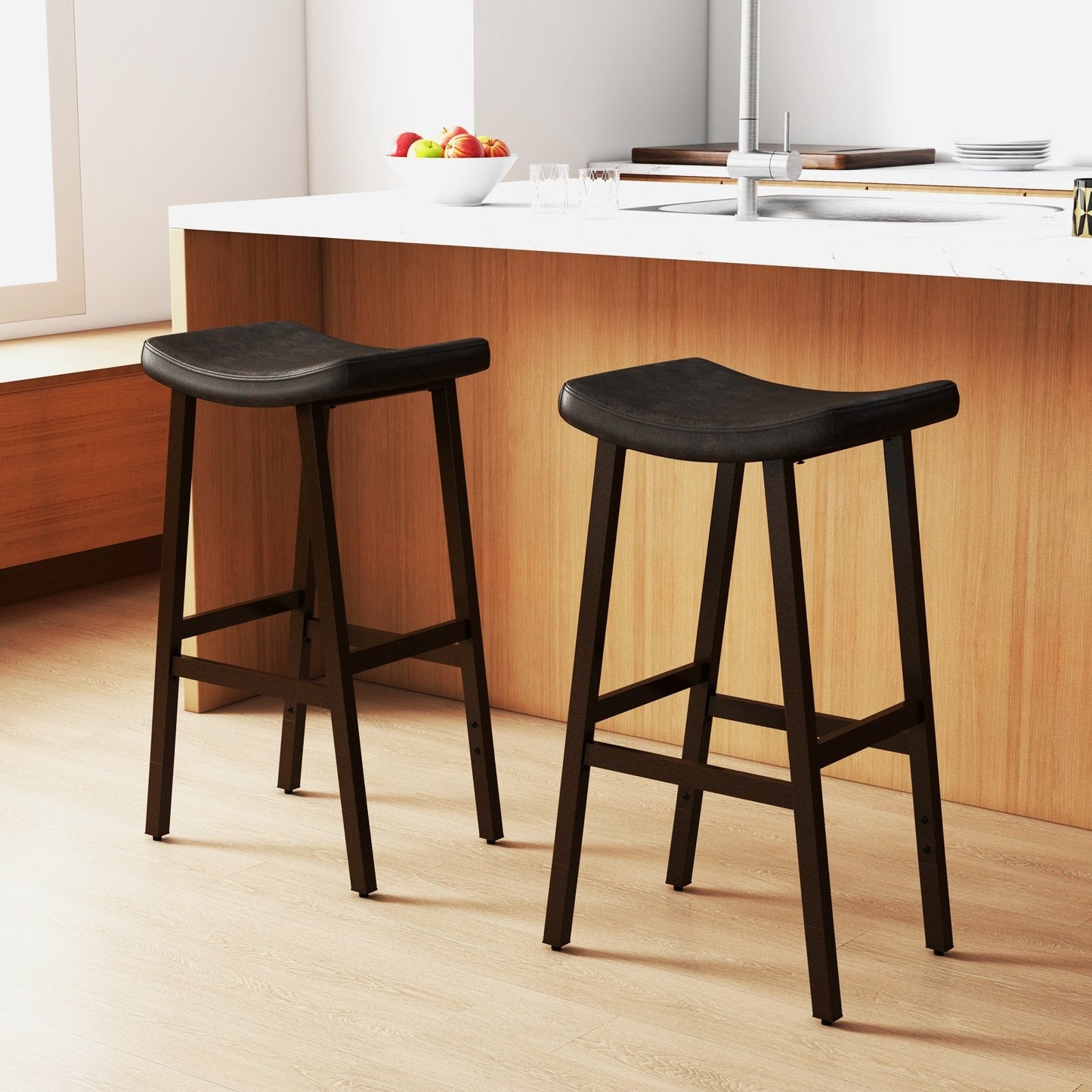 Bar Stools Set of 2 with PU Leather Upholstered Saddle Seat and Footrest, Brown Bar Stools   at Gallery Canada