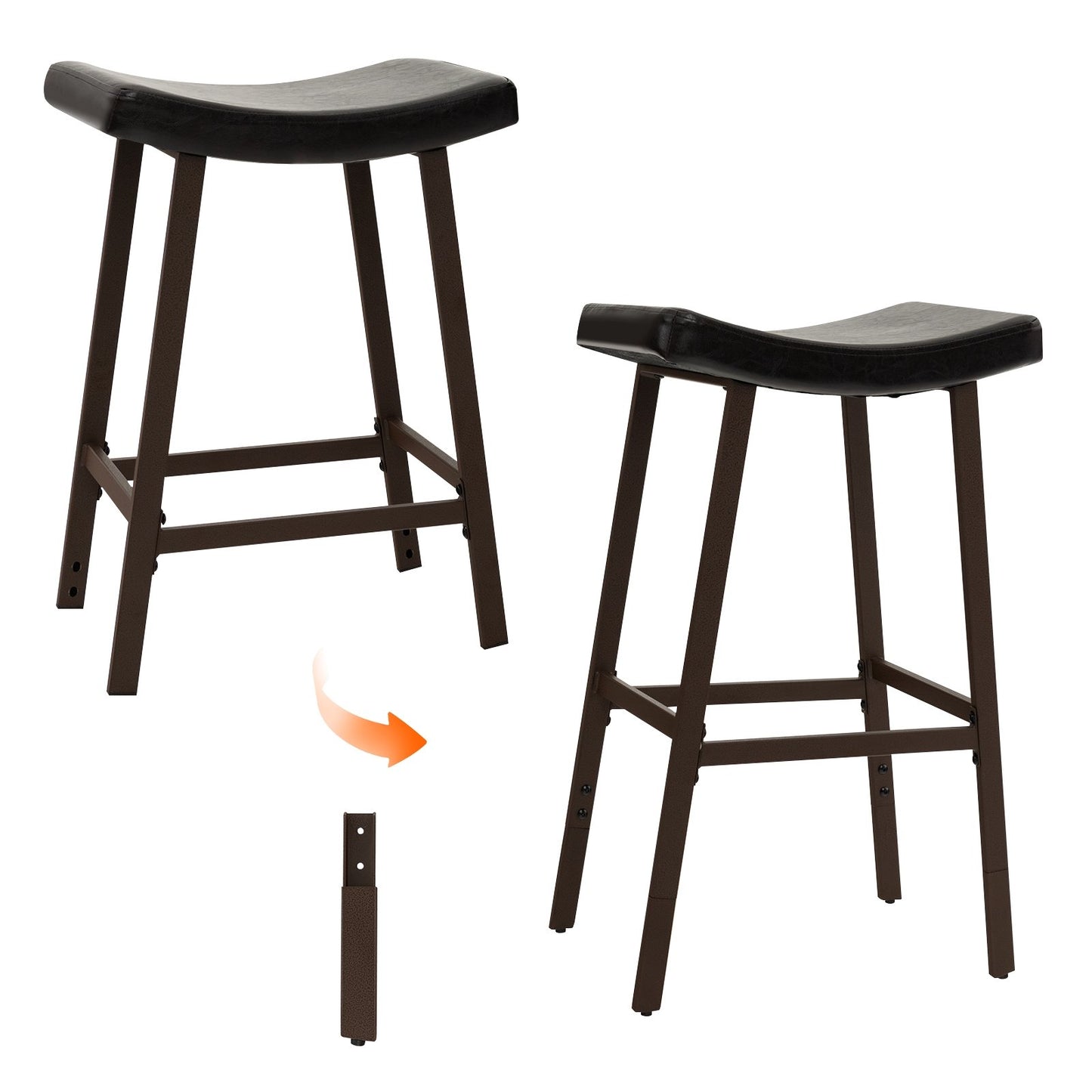 Bar Stools Set of 2 with PU Leather Upholstered Saddle Seat and Footrest, Brown Bar Stools   at Gallery Canada