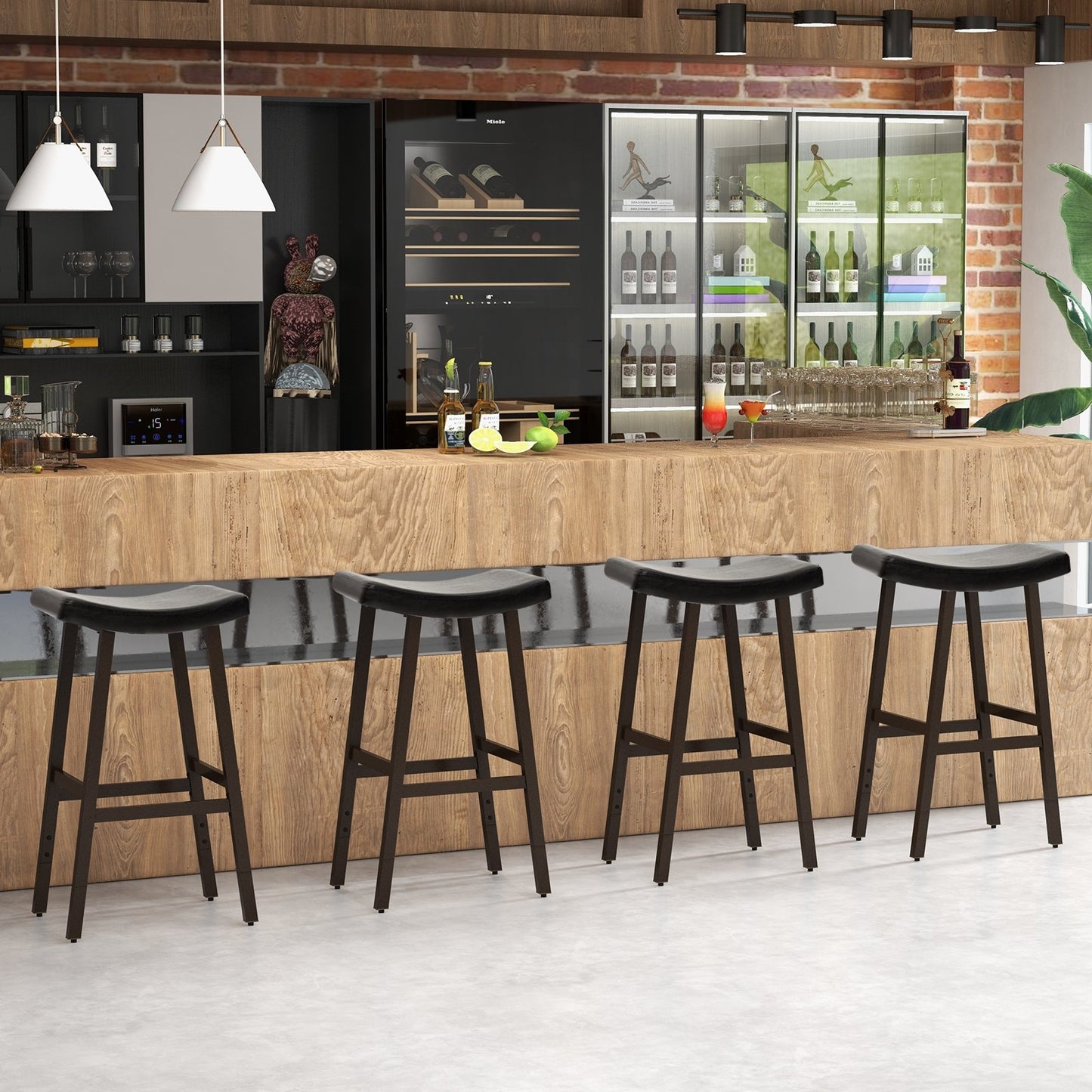 Bar Stools Set of 2 with PU Leather Upholstered Saddle Seat and Footrest, Brown Bar Stools   at Gallery Canada