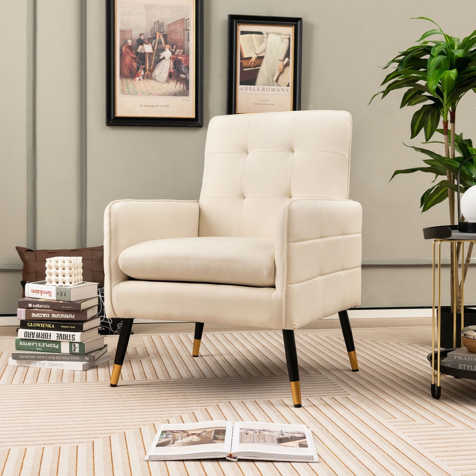 Linen Fabric Accent Chair with Removable Seat Cushion, White Accent Chairs   at Gallery Canada