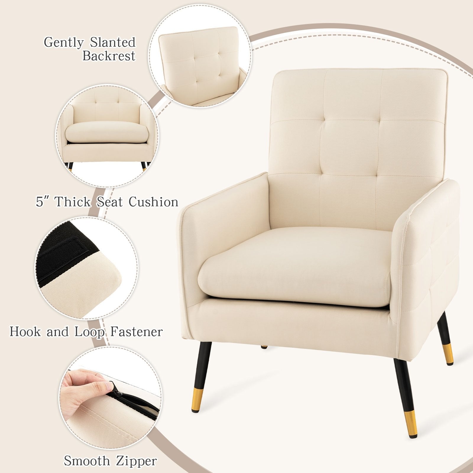 Linen Fabric Accent Chair with Removable Seat Cushion, White Accent Chairs   at Gallery Canada