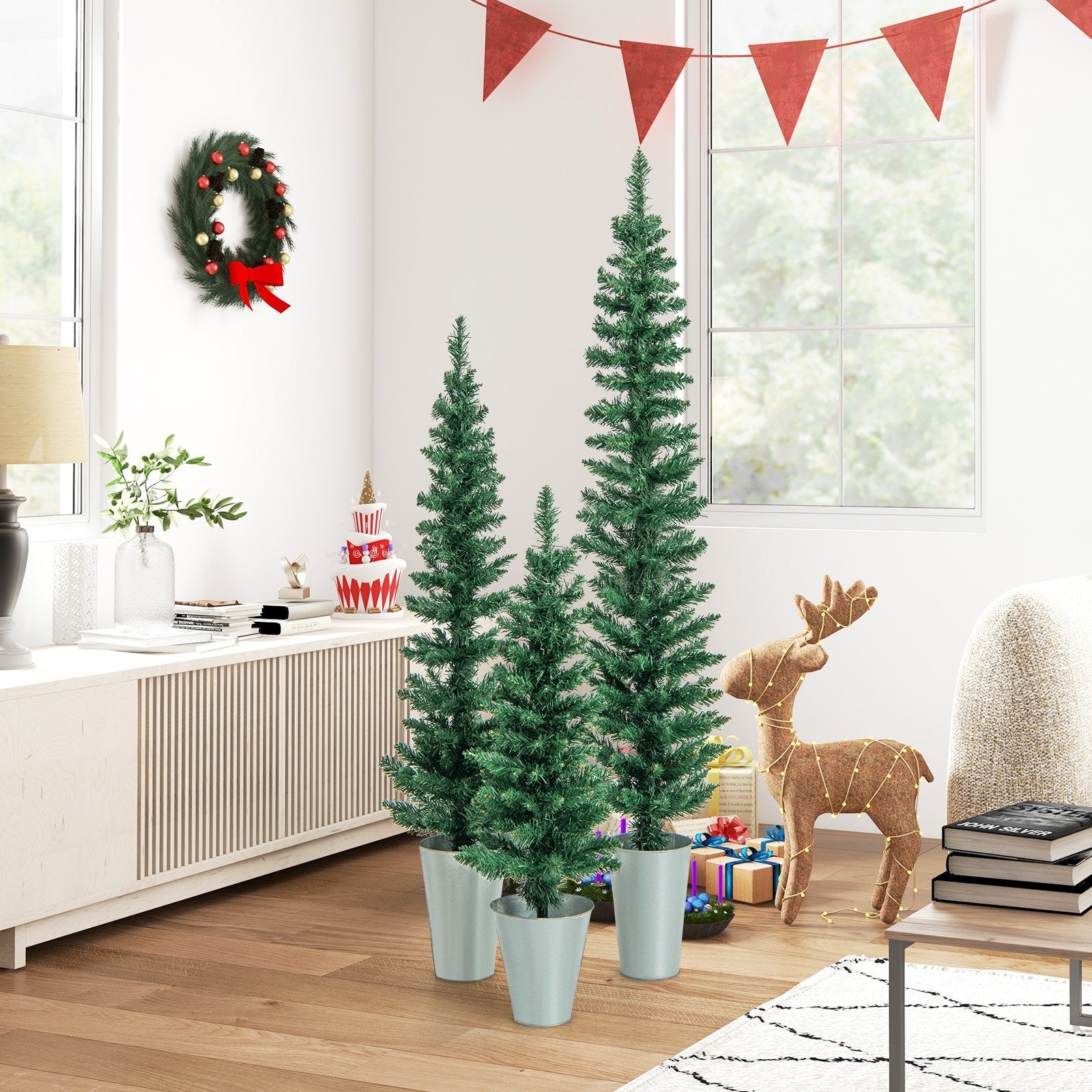 Set of 3 Potted Artificial Christmas Tree with Silver Metal Buckets, Green Christmas Tree   at Gallery Canada