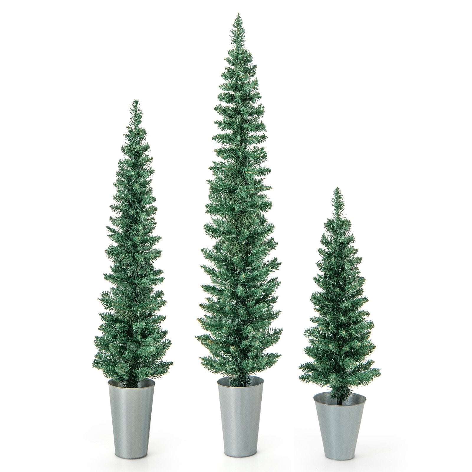 Set of 3 Potted Artificial Christmas Tree with Silver Metal Buckets, Green Christmas Tree   at Gallery Canada