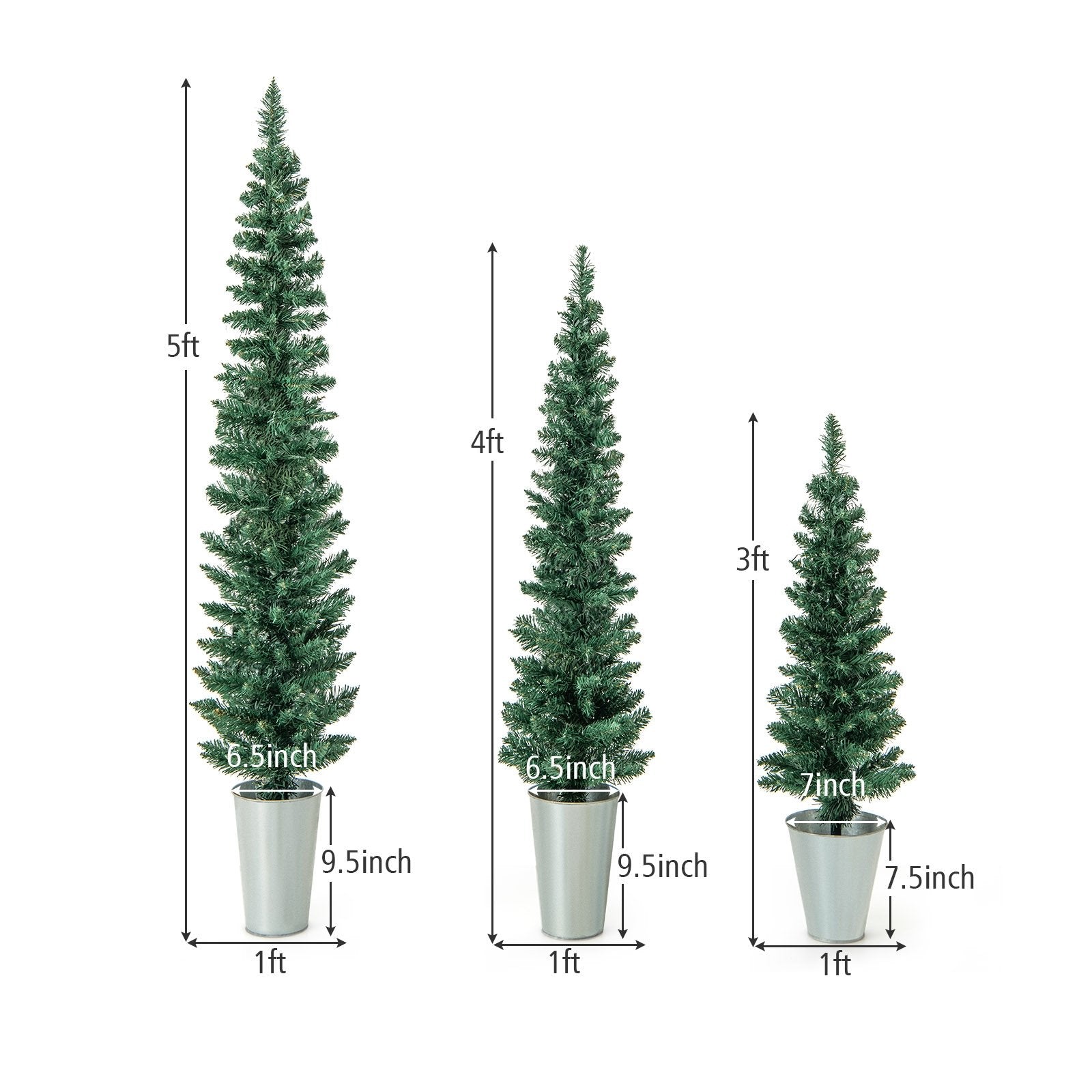 Set of 3 Potted Artificial Christmas Tree with Silver Metal Buckets, Green Christmas Tree   at Gallery Canada