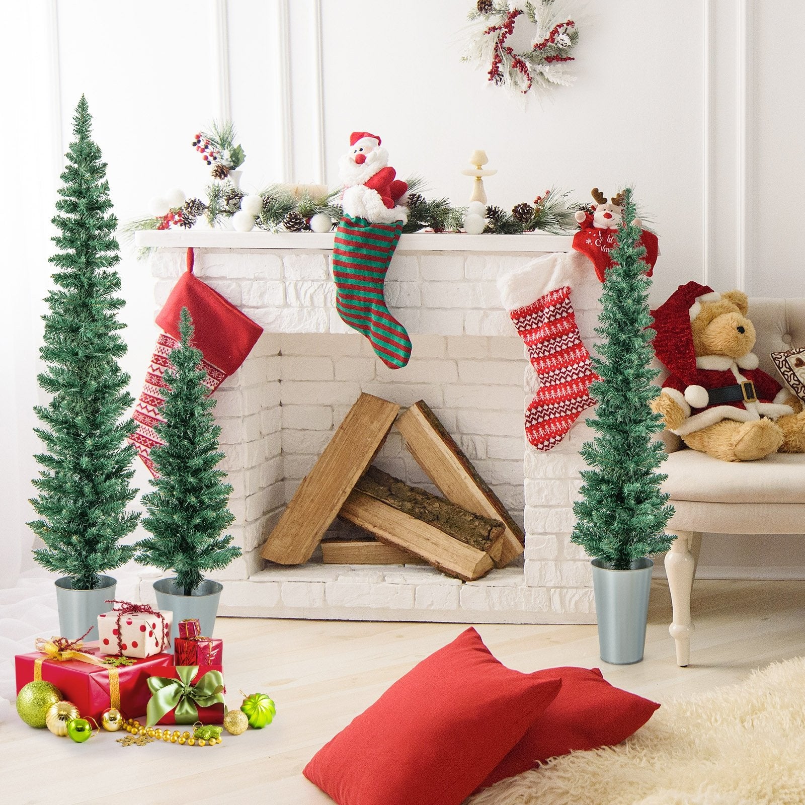 Set of 3 Potted Artificial Christmas Tree with Silver Metal Buckets, Green Christmas Tree   at Gallery Canada