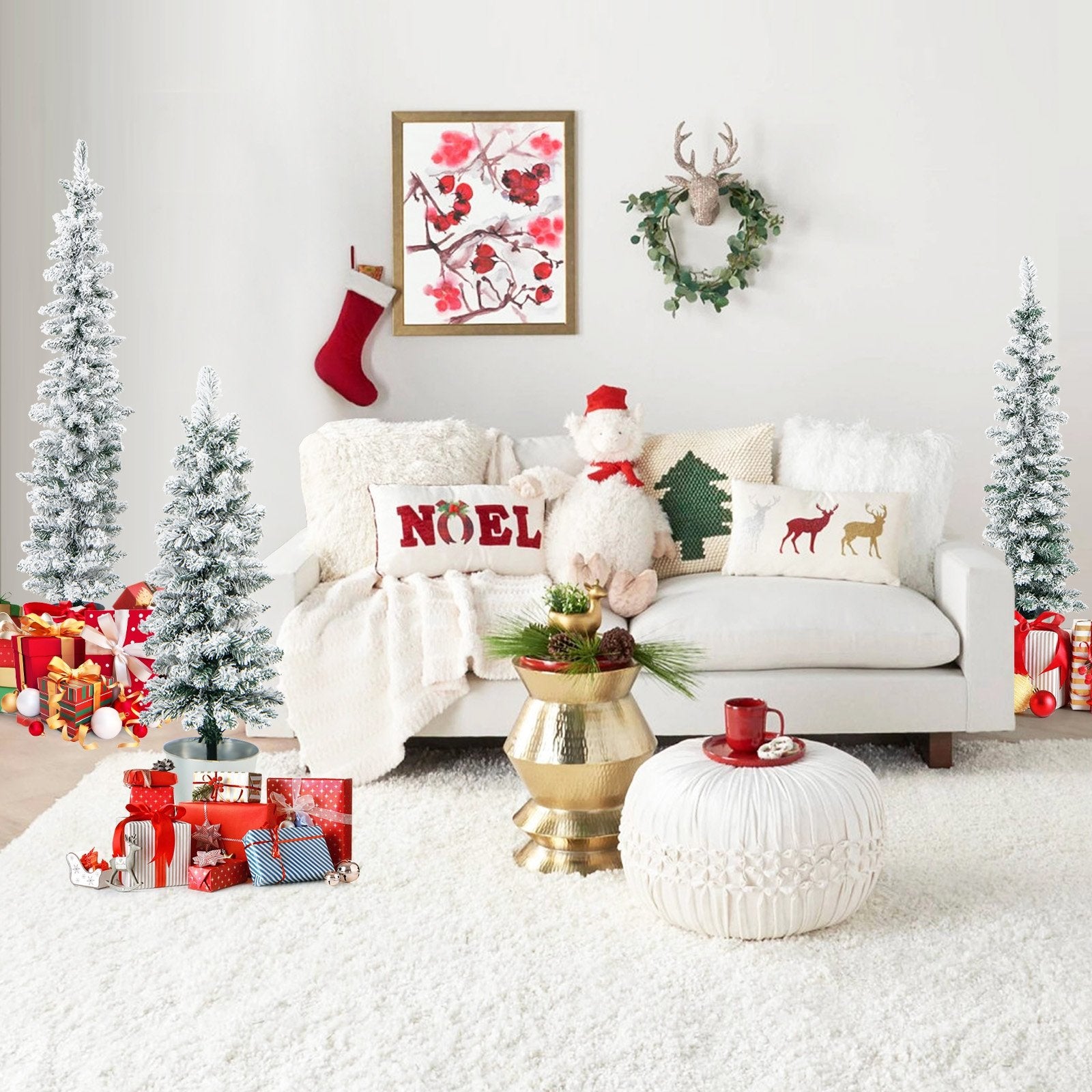 Set of 3 Potted Artificial Christmas Tree Snow-Flocked, White Christmas Tree   at Gallery Canada