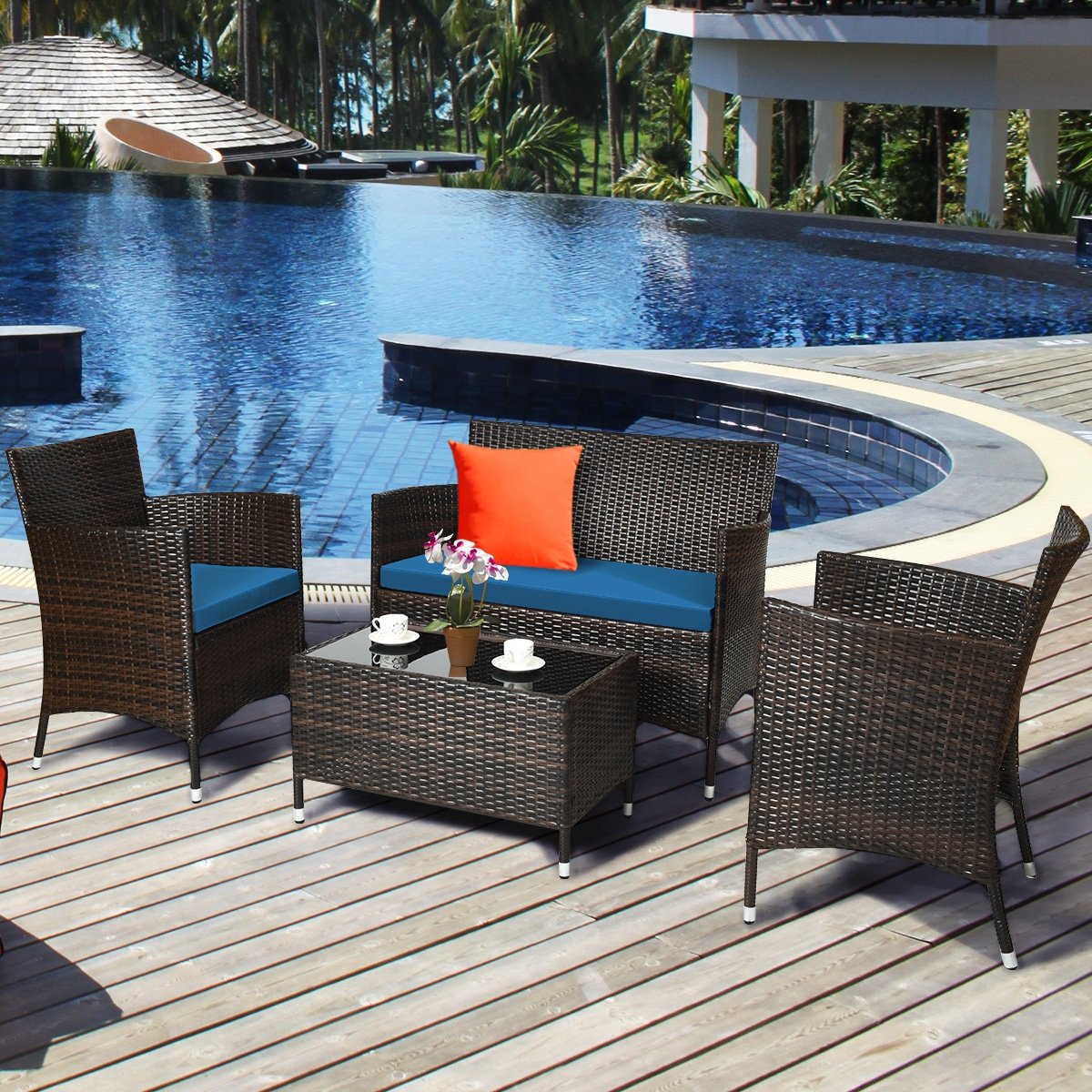 4 Pieces Comfortable Outdoor Rattan Sofa Set with Glass Coffee Table, Peacock Blue Patio Conversation Sets   at Gallery Canada