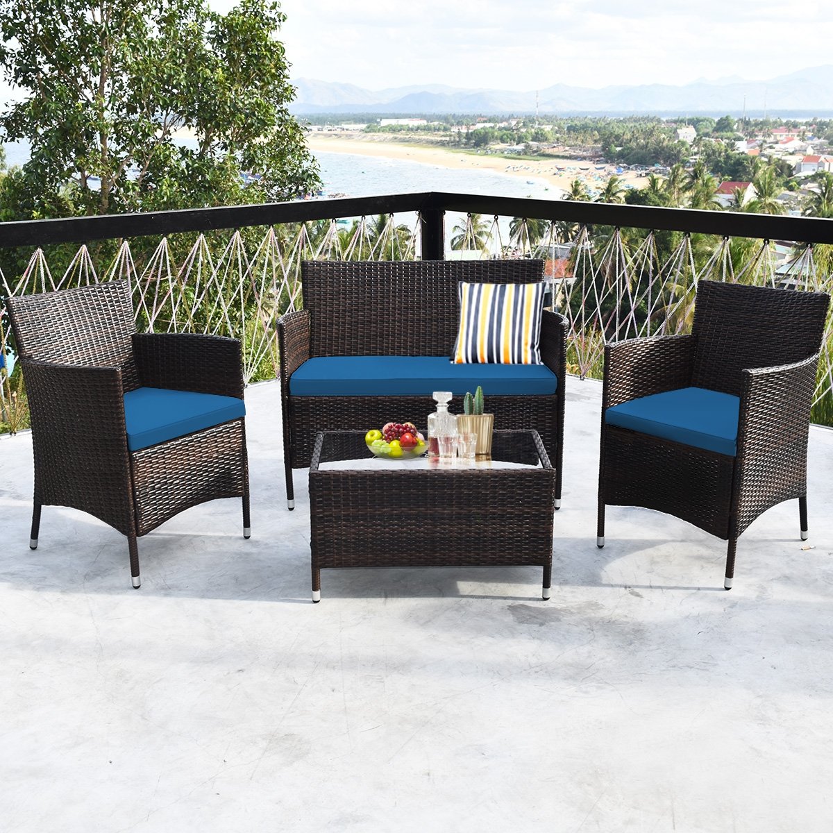 4 Pieces Comfortable Outdoor Rattan Sofa Set with Glass Coffee Table, Peacock Blue Patio Conversation Sets   at Gallery Canada