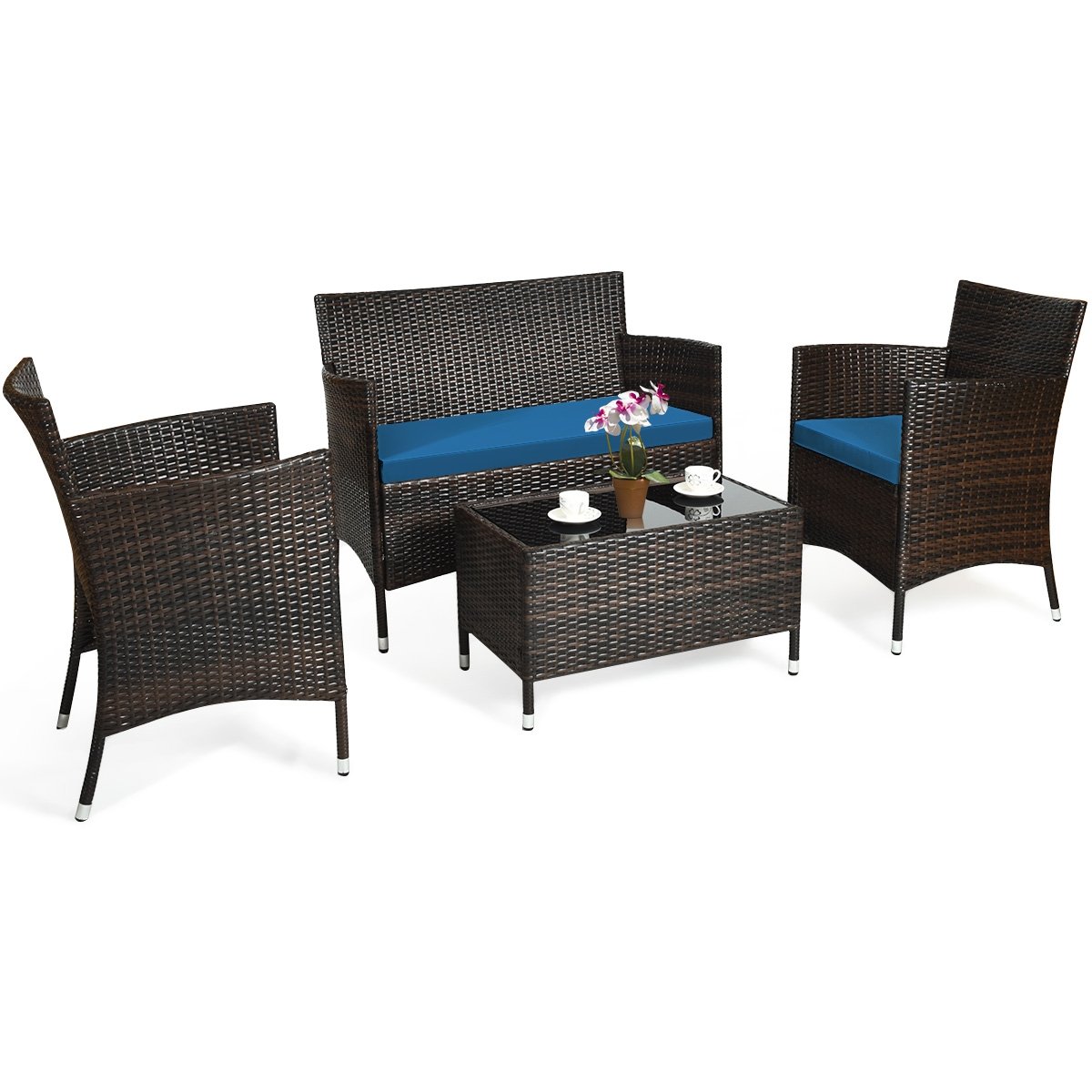 4 Pieces Comfortable Outdoor Rattan Sofa Set with Glass Coffee Table, Peacock Blue Patio Conversation Sets   at Gallery Canada