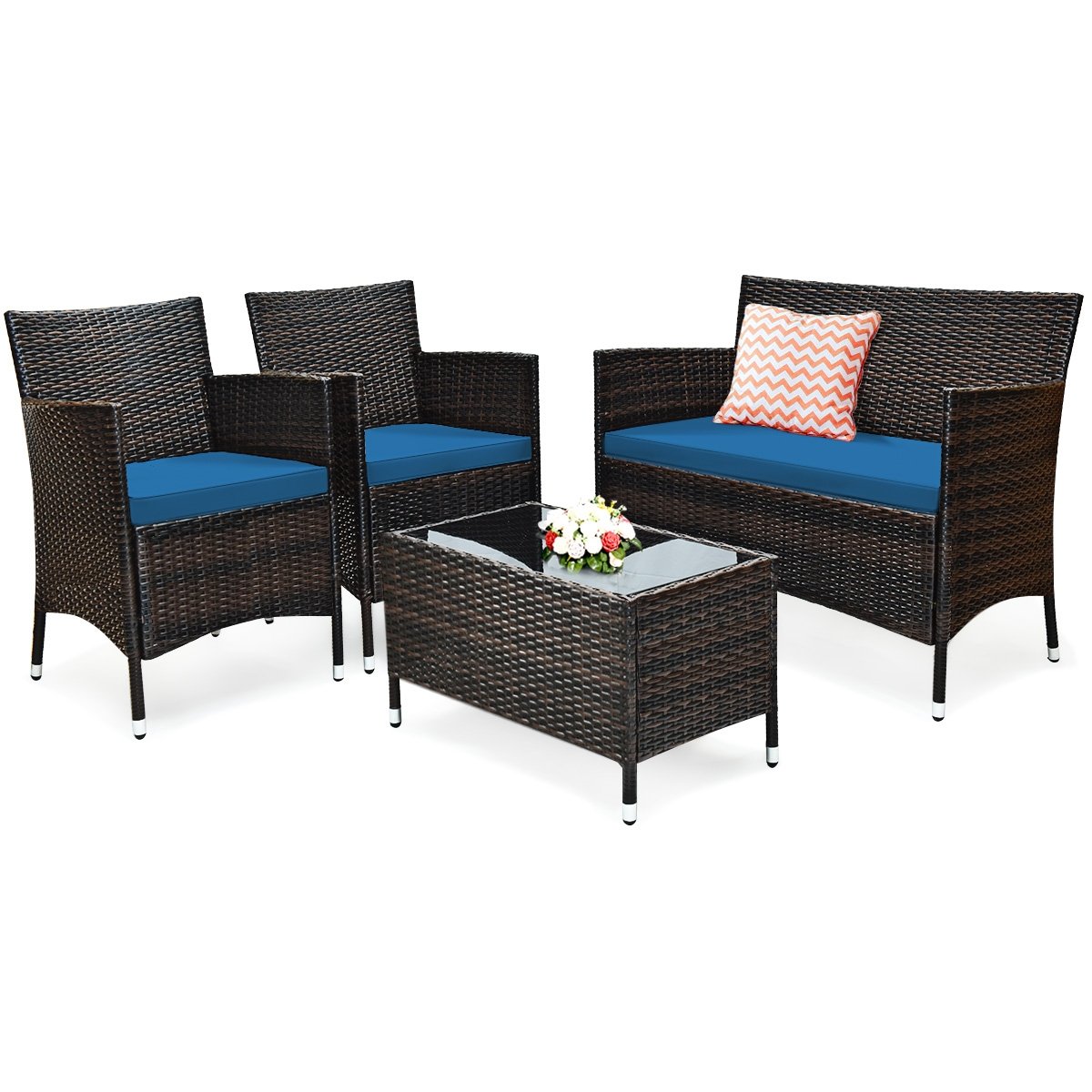 4 Pieces Comfortable Outdoor Rattan Sofa Set with Glass Coffee Table, Peacock Blue Patio Conversation Sets   at Gallery Canada