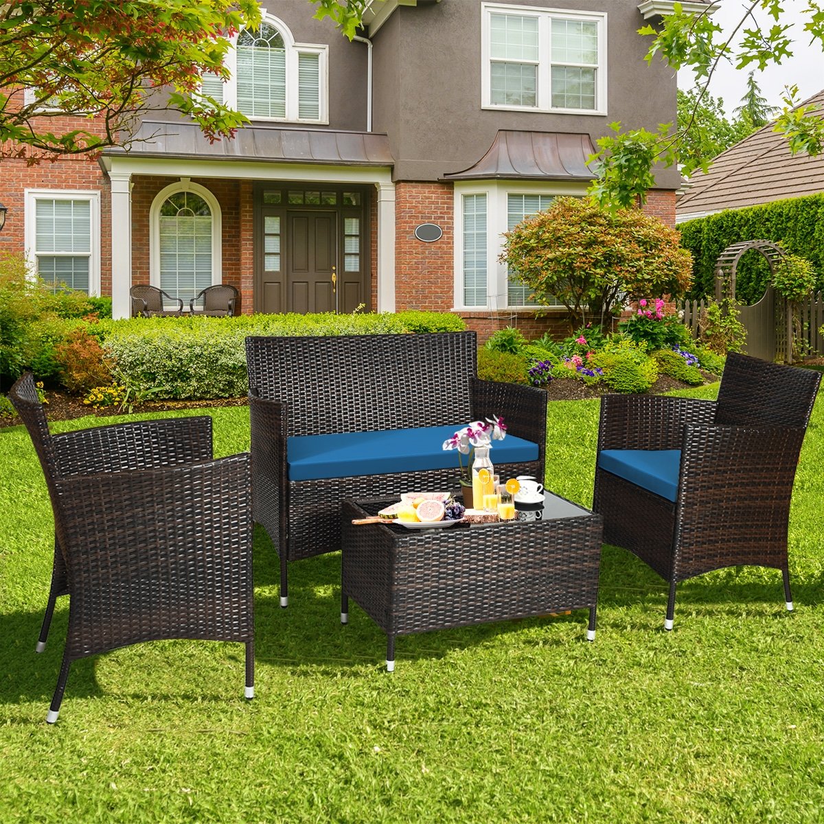 4 Pieces Comfortable Outdoor Rattan Sofa Set with Glass Coffee Table, Peacock Blue Patio Conversation Sets   at Gallery Canada