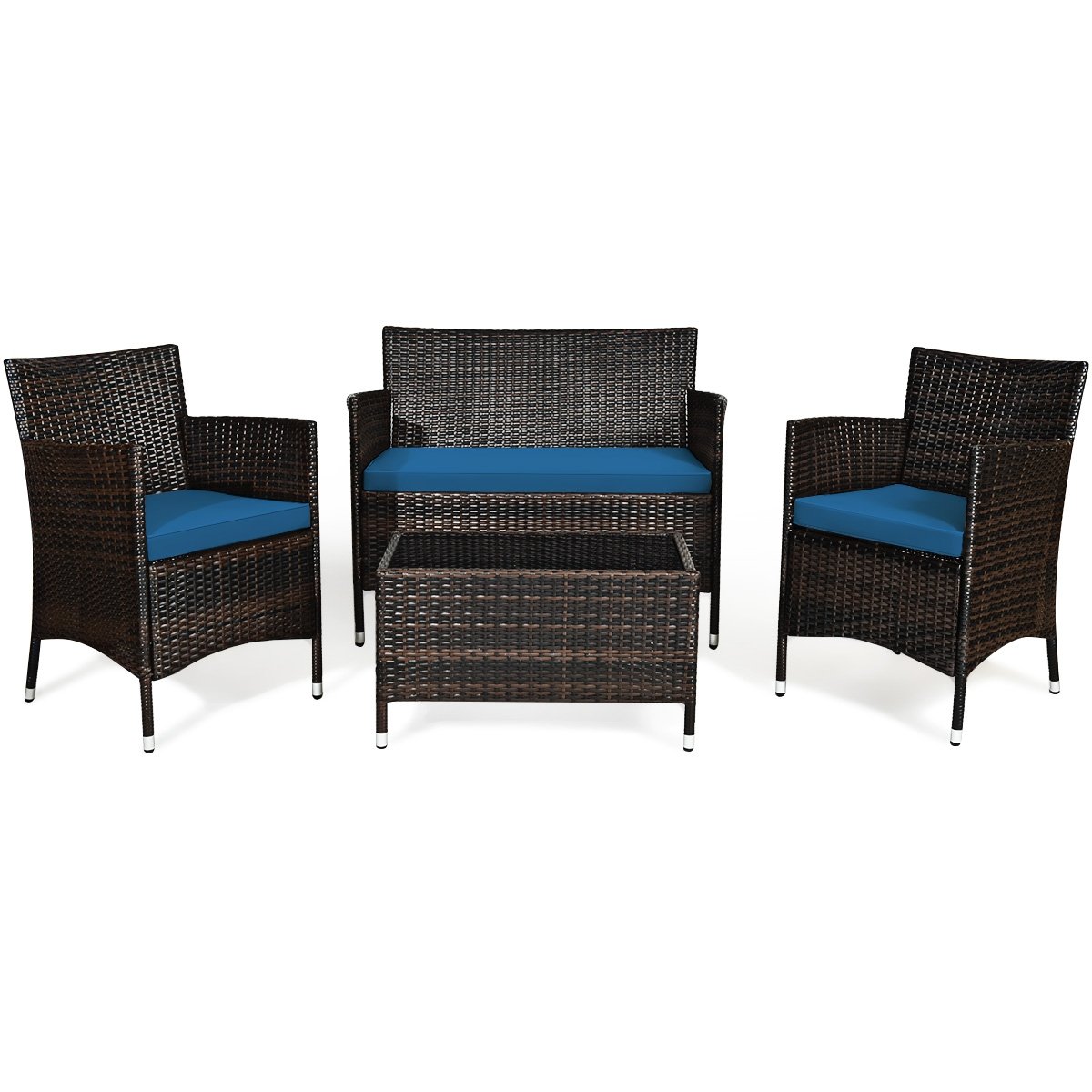 4 Pieces Comfortable Outdoor Rattan Sofa Set with Glass Coffee Table, Peacock Blue Patio Conversation Sets   at Gallery Canada