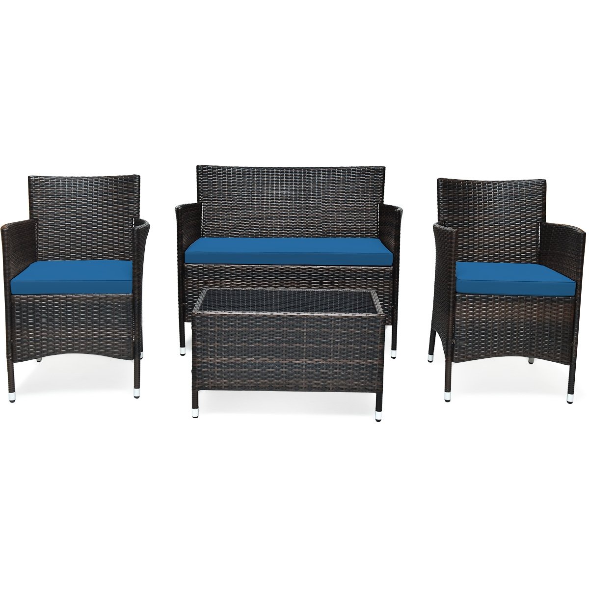 4 Pieces Comfortable Outdoor Rattan Sofa Set with Glass Coffee Table, Peacock Blue Patio Conversation Sets   at Gallery Canada