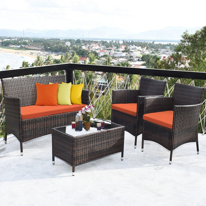 4 Pieces Comfortable Outdoor Rattan Sofa Set with Glass Coffee Table, Orange Patio Conversation Sets   at Gallery Canada