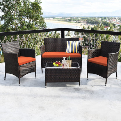 4 Pieces Comfortable Outdoor Rattan Sofa Set with Glass Coffee Table, Orange Patio Conversation Sets   at Gallery Canada