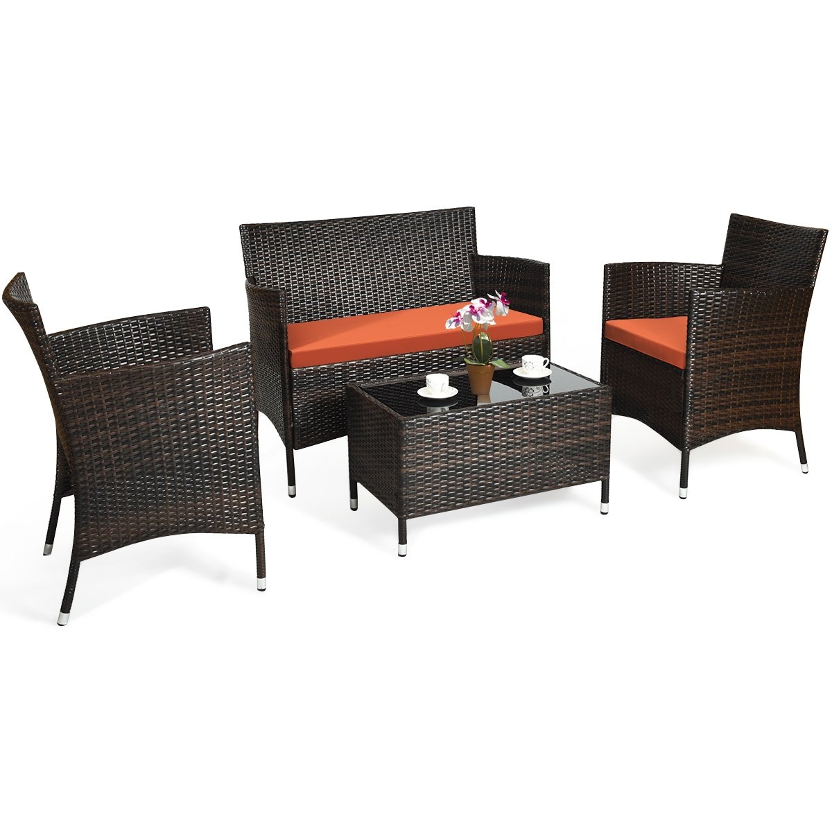 4 Pieces Comfortable Outdoor Rattan Sofa Set with Glass Coffee Table, Orange Patio Conversation Sets   at Gallery Canada